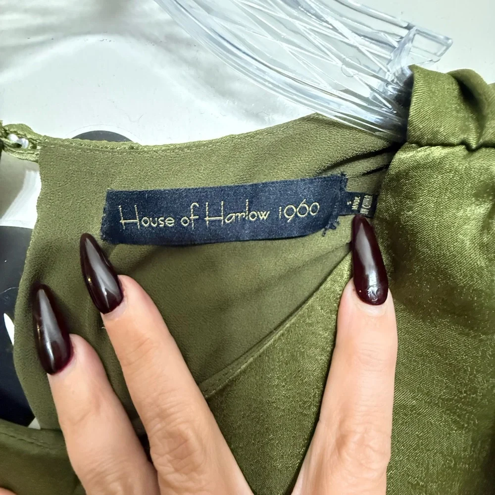House of Harlow 1960 Olive Satin Ruched Mini Dress – Size Small - Picture 3 of 3
